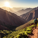 **

A breathtaking vista high in the Atlas Mountains.  Rugged peaks stretch as far as the eye can see, with a lush green valley below contrasting against the distant desert.  The early morning sun bathes the mountains in a golden light, creating a mystical, awe-inspiring scene.  Hikers can be seen silhouetted on a ridge, taking in the view.  Include diverse high-altitude flora in the foreground.

**