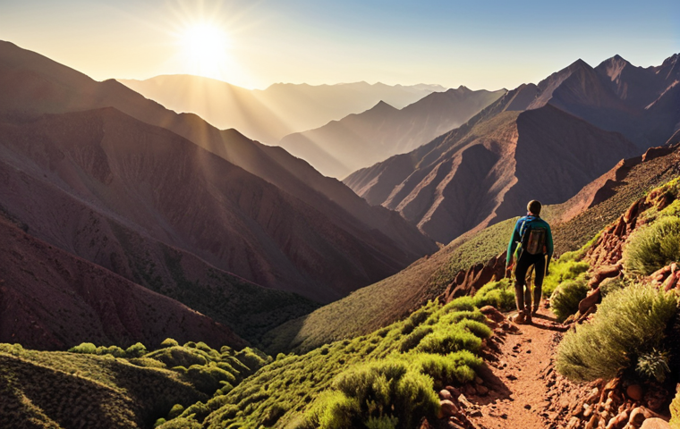 **

A breathtaking vista high in the Atlas Mountains.  Rugged peaks stretch as far as the eye can see, with a lush green valley below contrasting against the distant desert.  The early morning sun bathes the mountains in a golden light, creating a mystical, awe-inspiring scene.  Hikers can be seen silhouetted on a ridge, taking in the view.  Include diverse high-altitude flora in the foreground.

**
