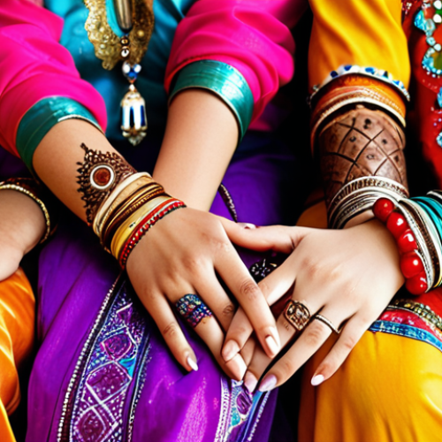 "A vibrant Moroccan wedding scene. Women in colorful caftans adorned with jewelry. Focus on the intricate henna paintings on hands. Festive atmosphere with traditional music instruments."