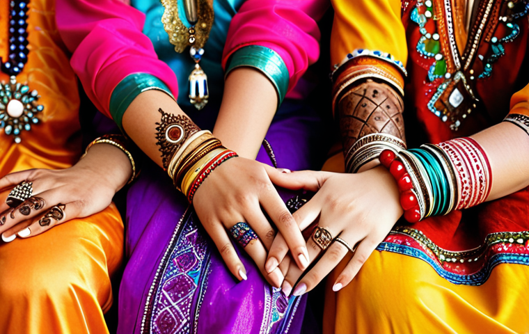 "A vibrant Moroccan wedding scene. Women in colorful caftans adorned with jewelry. Focus on the intricate henna paintings on hands. Festive atmosphere with traditional music instruments."